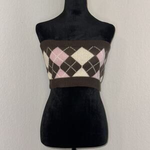Full Tilt Tube Top Women's Size Medium Brown Argyle Acrylic Knitted Ribbed Trim